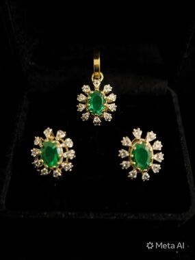 Handmade Silver Tone Emerald & Crystal Sunburst Jewelry Set - Women Jewelry